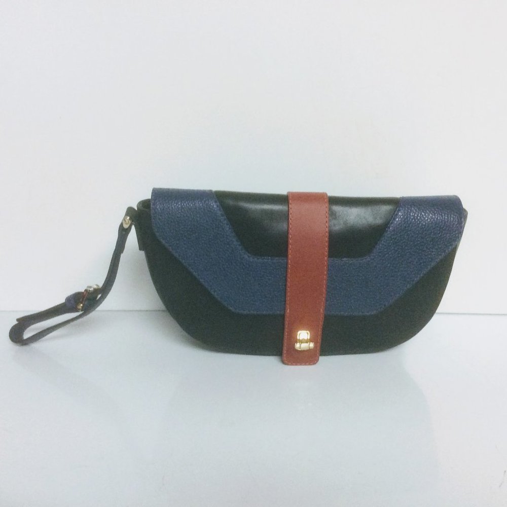 Henri Bendel Art Deco Wristlet Clutch with Gold Front Clasp, Black, Blue and Red